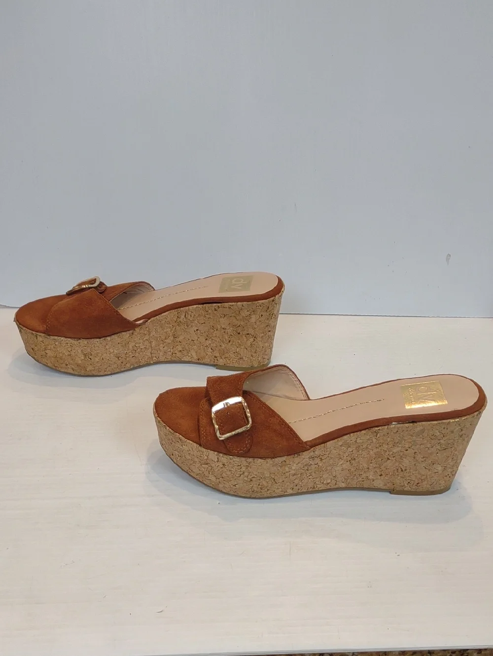 Dolce Vita Hazelwood Brown Suede Cork Wedge Slide with Gold-Tone Buckle Detail